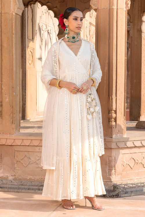 Off White Flower Angrakha with Embroidered Dupatta