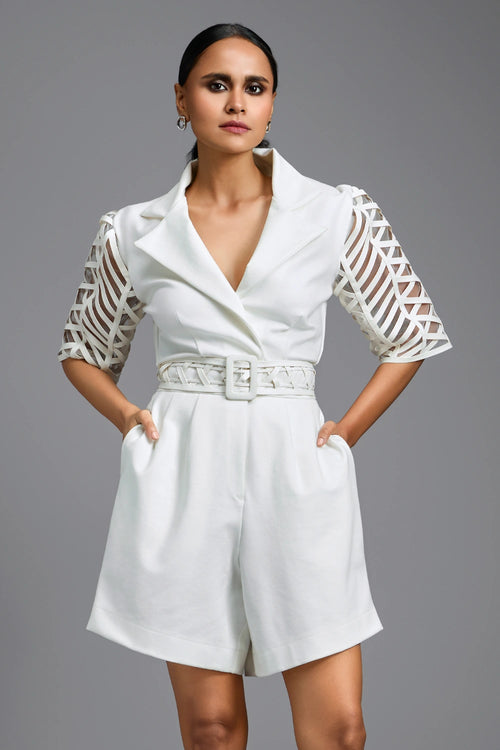 White Playsuit with Mesh Sleeves