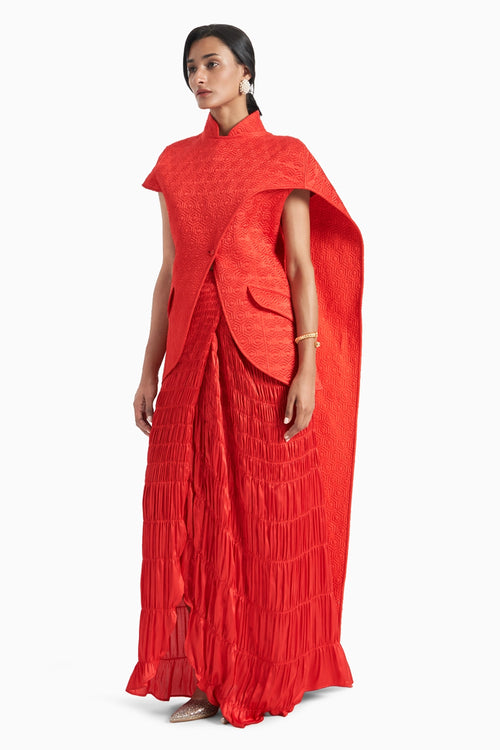Red Sareesque Quilted Jacket With Smoked Skirt
