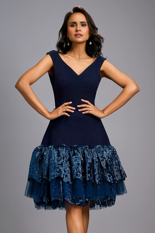 Navy Blue Ruffle Luxe Off-Shoulder Dress
