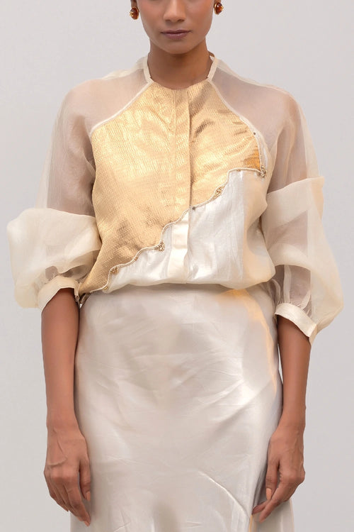 Eeda Ivory Silk Shirt With Tissue Brocade Patchwork