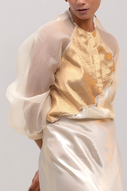 Eeda Ivory Silk Shirt With Tissue Brocade Patchwork