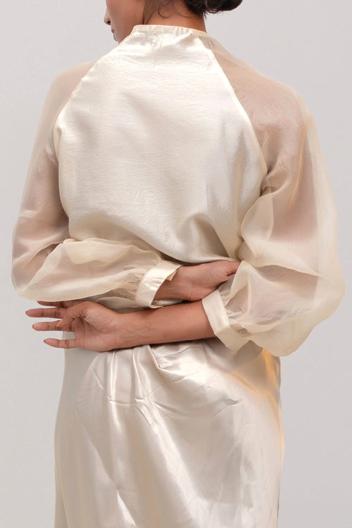 Eeda Ivory Silk Shirt With Tissue Brocade Patchwork