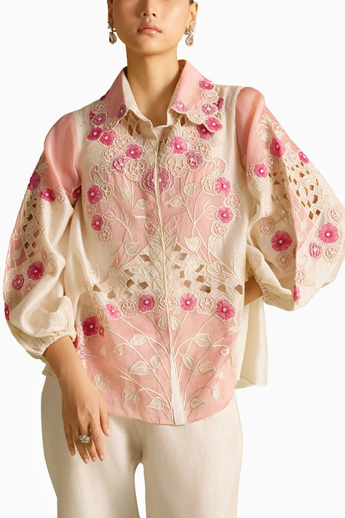 Ivory & Pink Panelled Applique Shirt