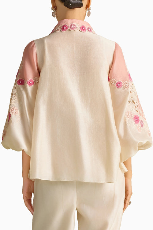 Ivory & Pink Panelled Applique Shirt