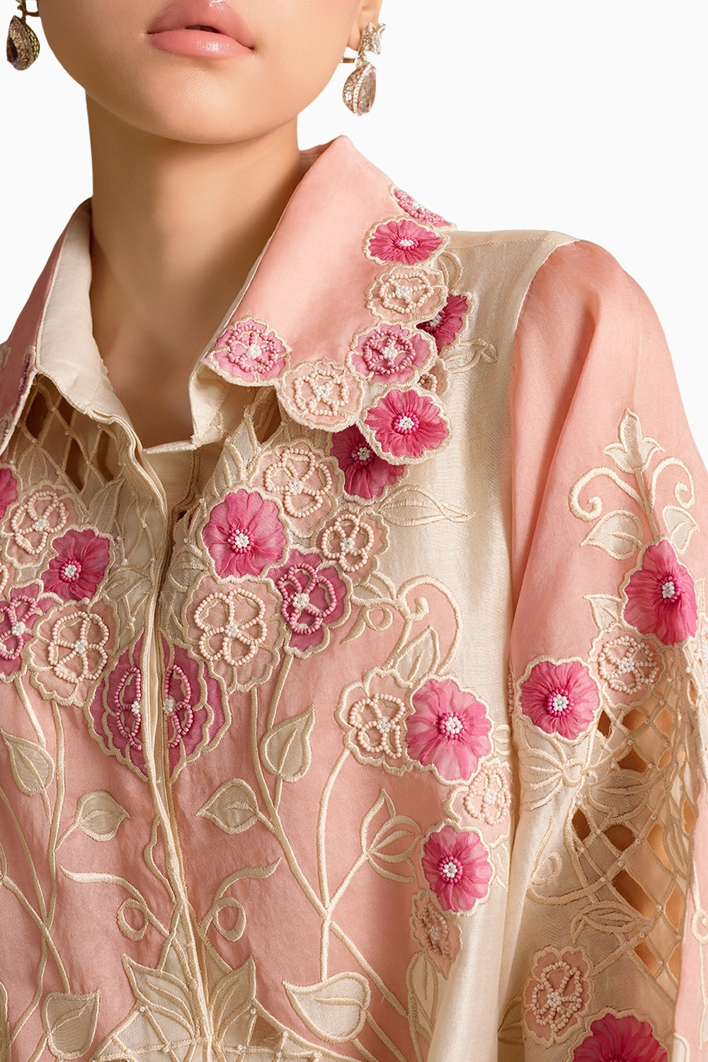 Ivory & Pink Panelled Applique Shirt