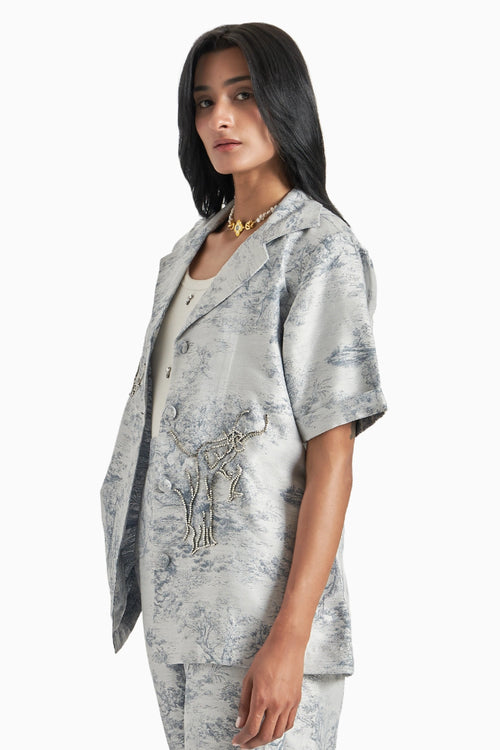 Blue Silk Jacquard Blazer