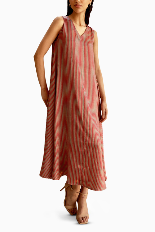 Holly Old Rose Stripe Print V Neck Dress