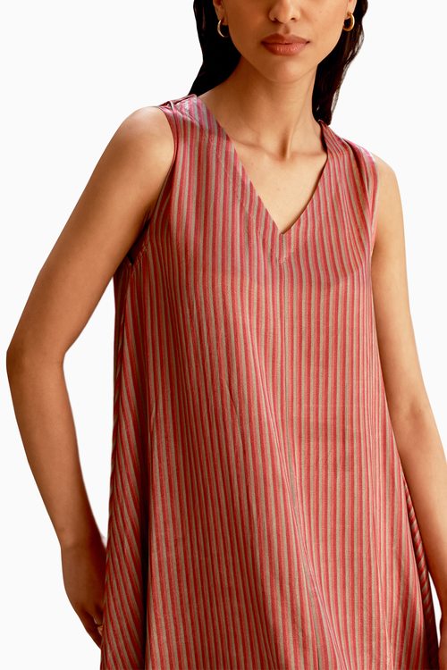 Holly Old Rose Stripe Print V Neck Dress