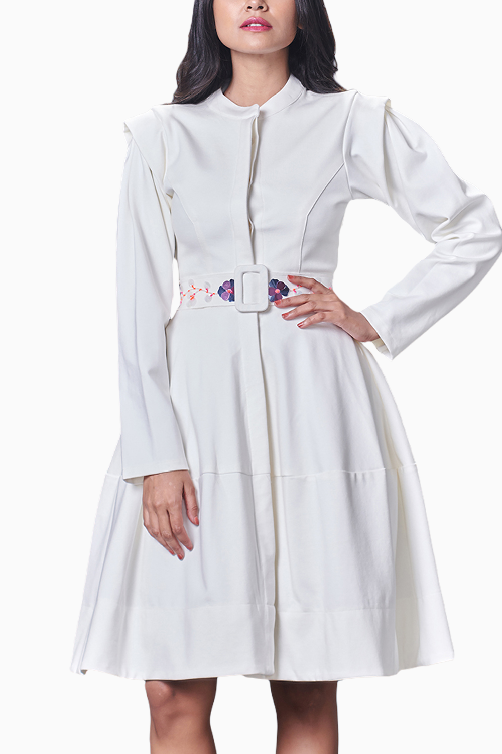 White Embroidered Jacket Dress With Belt