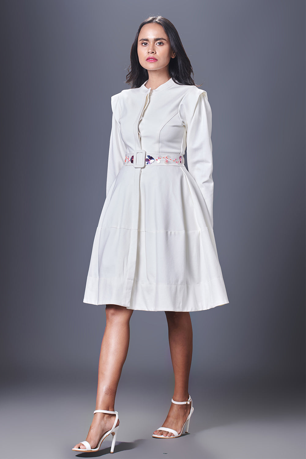 White Jacket Dress With Hand Embroidered Belt