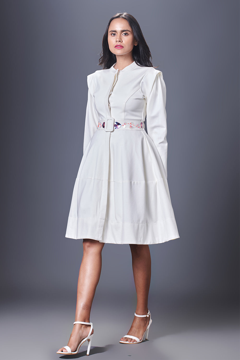 White Embroidered Jacket Dress With Belt