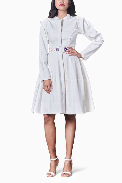 White Embroidered Jacket Dress With Belt