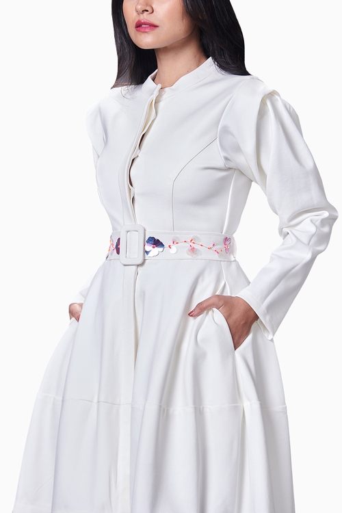 White Embroidered Jacket Dress With Belt