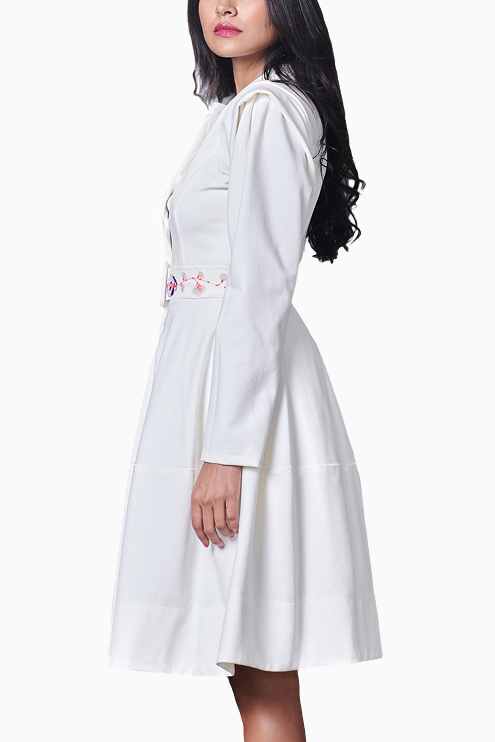 White Embroidered Jacket Dress With Belt