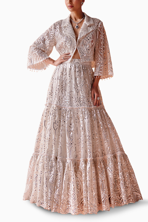 White Three Tier Lehenga