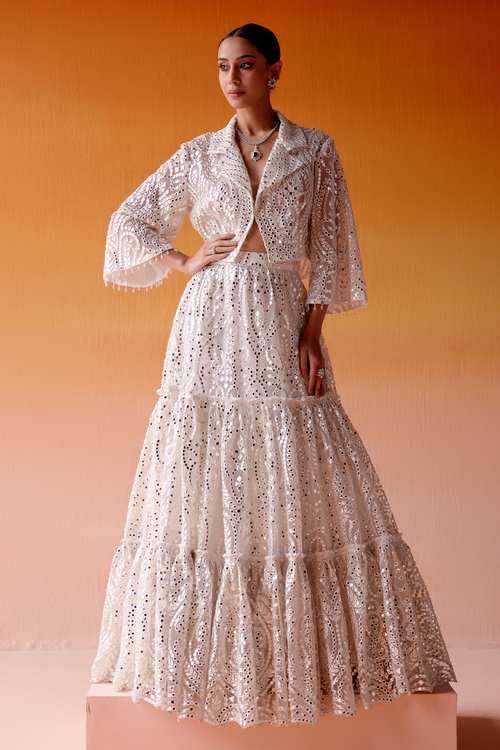 White Three Tier Lehenga