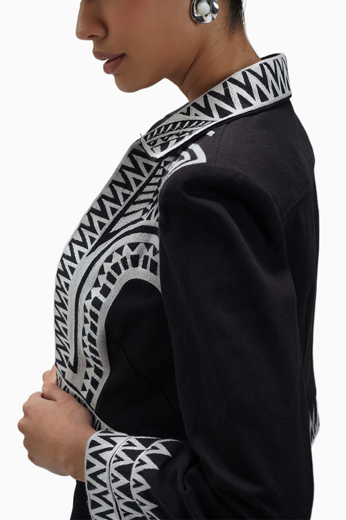Black Twill White Thread Work Crop Jacket