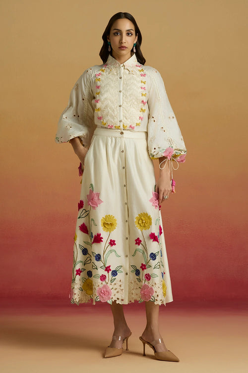 Ivory 3D Floral Applique Shirt with Amaryllis Skirt