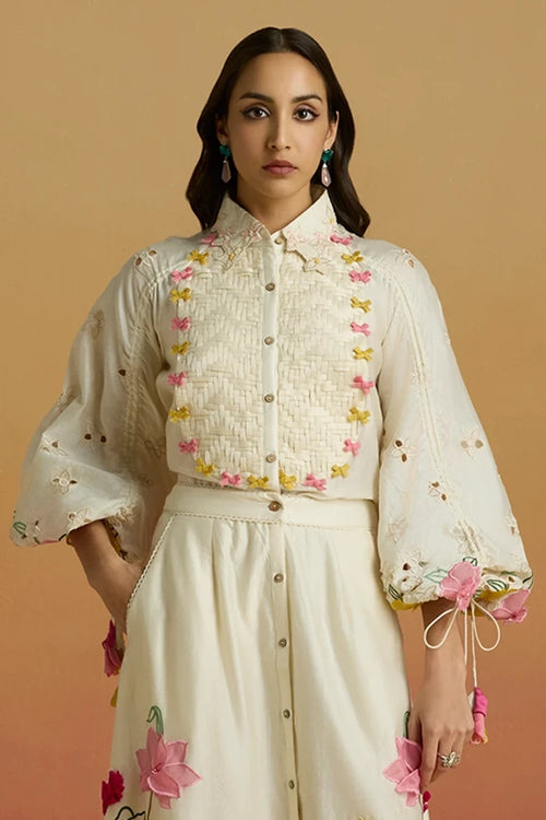 Ivory 3D Floral Applique Amaryllis Shirt