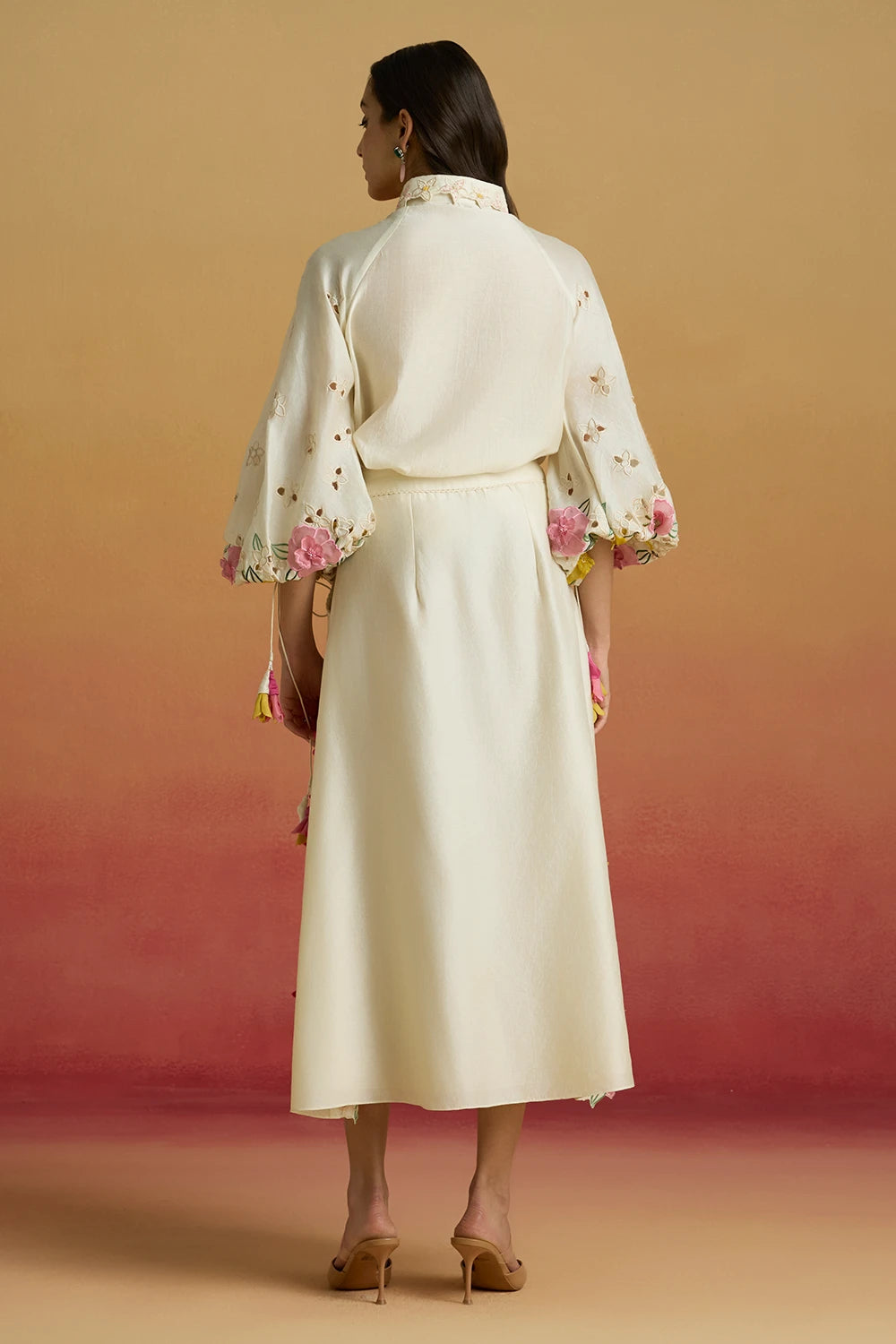 Ivory 3D Floral Applique Shirt with Amaryllis Skirt