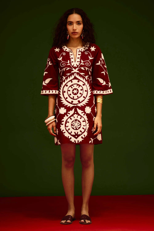 Burgundy Wine Cotton Dress with Thread Embroidery