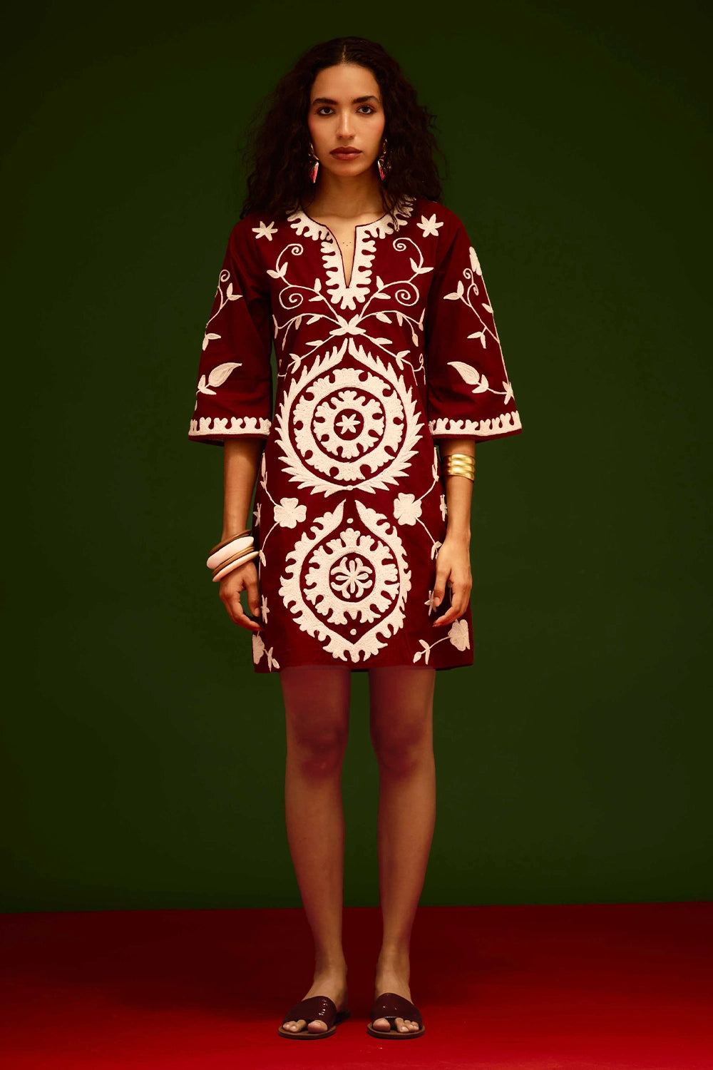 Burgundy Wine Cotton Dress with Thread Embroidery