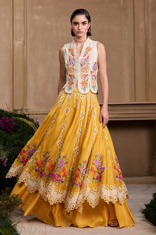 Yellow Floral Embroidered Layered Lehenga With Waistcoat