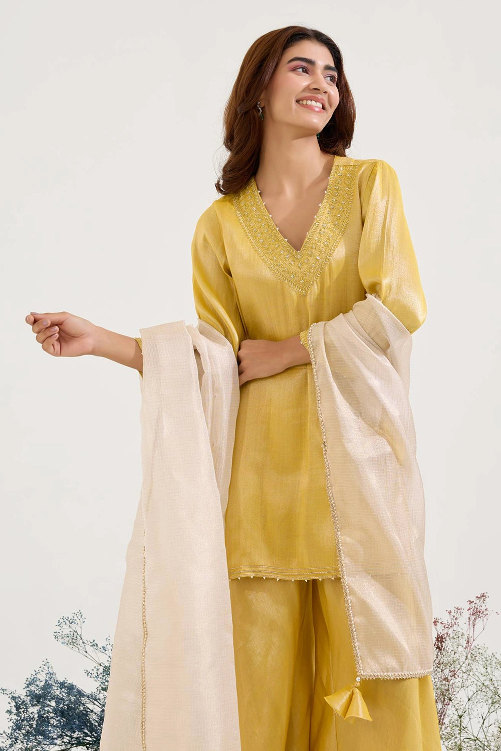 Old Yellow Charm Tissue Kurta Set