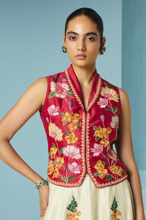 Red Floral Applique Waistcoat With Lehenga