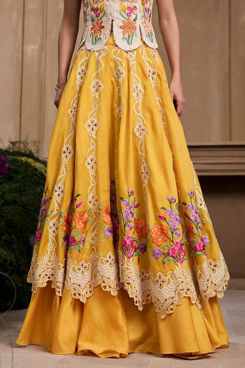 Yellow Floral Embroidered Layered Lehenga