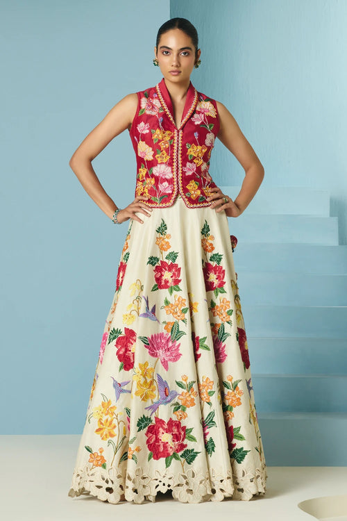 Red Floral Applique Waistcoat With Lehenga