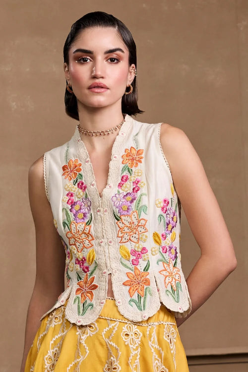 Ivory Floral Embroidered Panelled Waistcoat