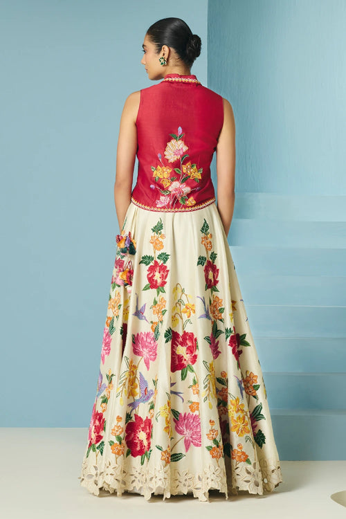Red Floral Applique Waistcoat With Lehenga