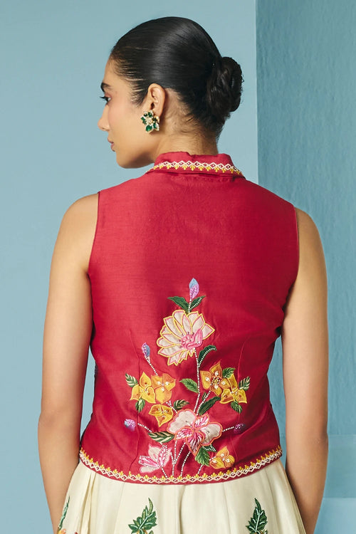 Red Floral Applique Waistcoat