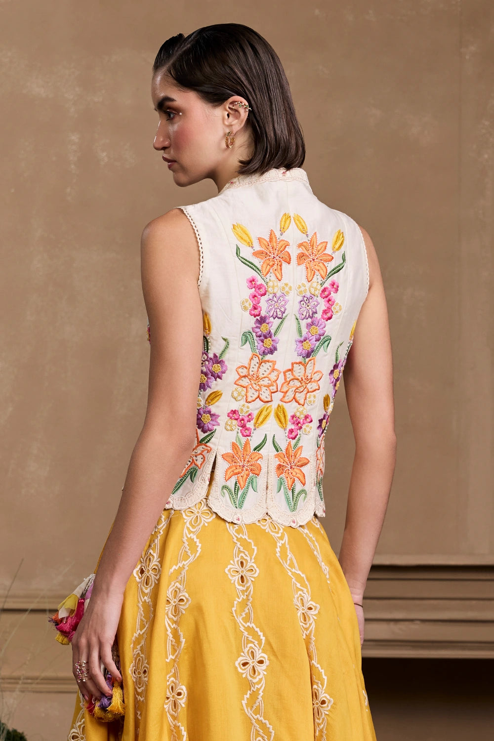 Ivory Floral Embroidered Panelled Waistcoat