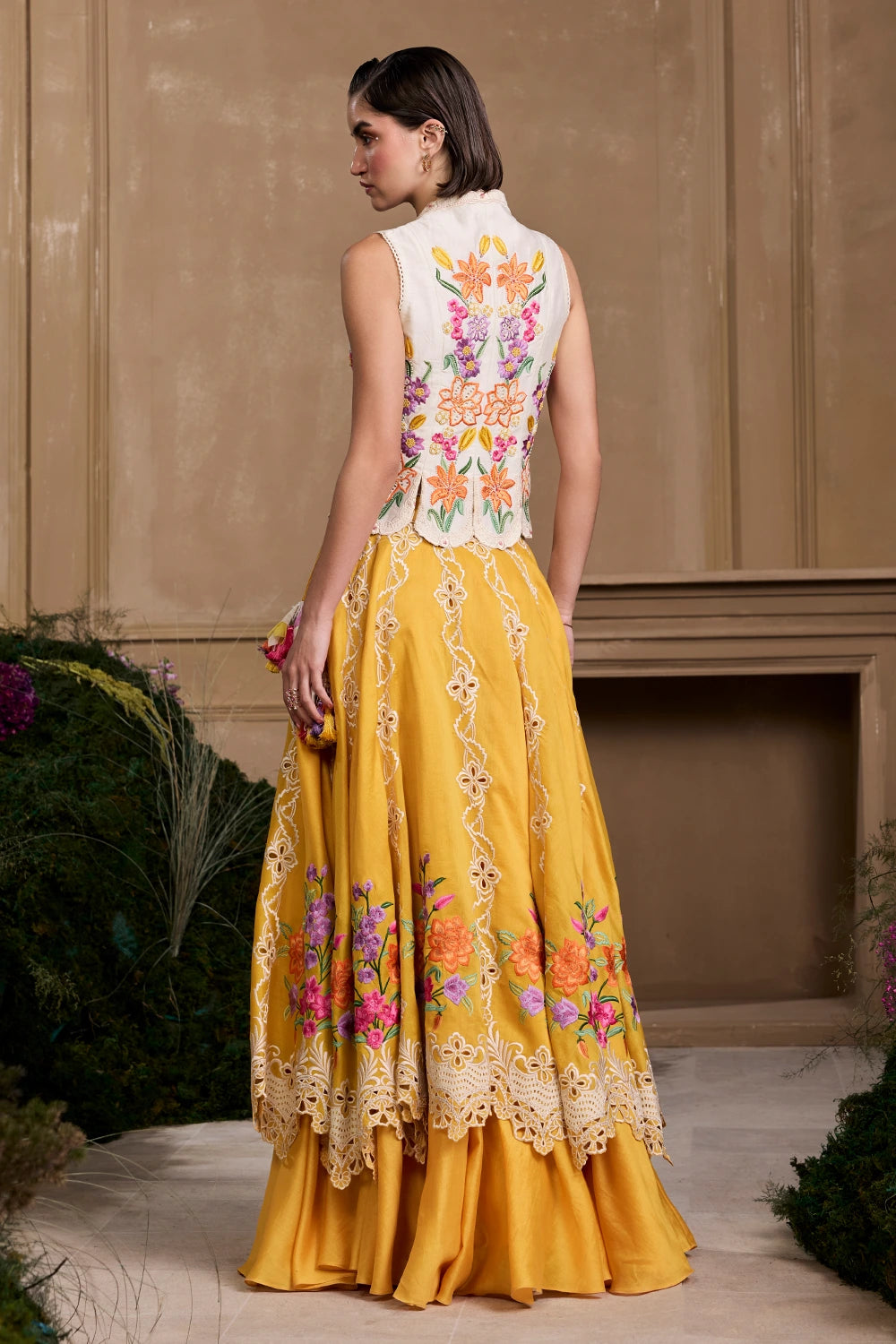 Yellow Floral Embroidered Layered Lehenga With Waistcoat