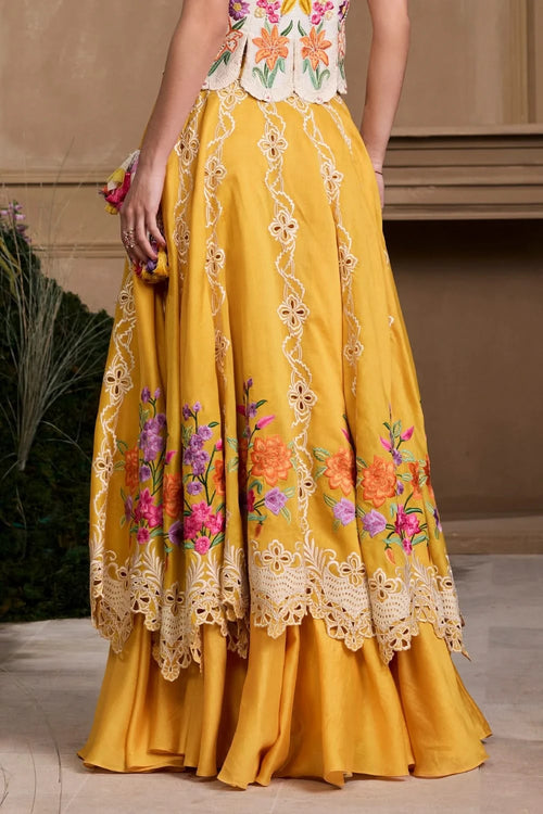 Yellow Floral Embroidered Layered Lehenga