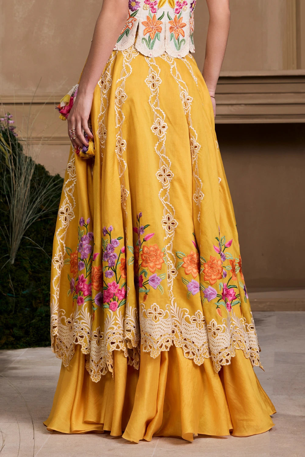 Yellow Floral Embroidered Layered Lehenga