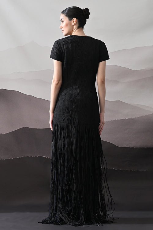 Black V-Neck Gown With Linear Texture And Fringe