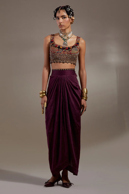 Jamuni Anka Blouse And Drapped Skirt With Veni Dupatta Jacket Set