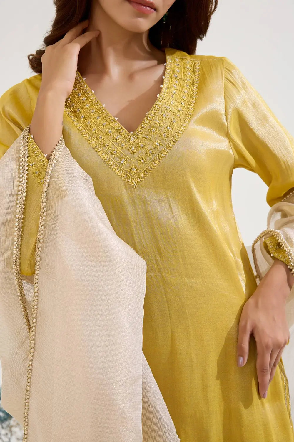 Old Yellow Charm Tissue Kurta Set