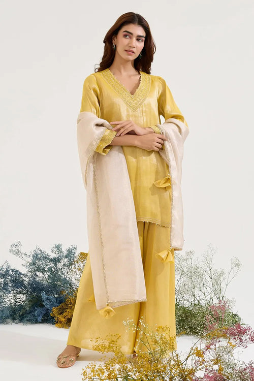 Old Yellow Charm Tissue Kurta Set