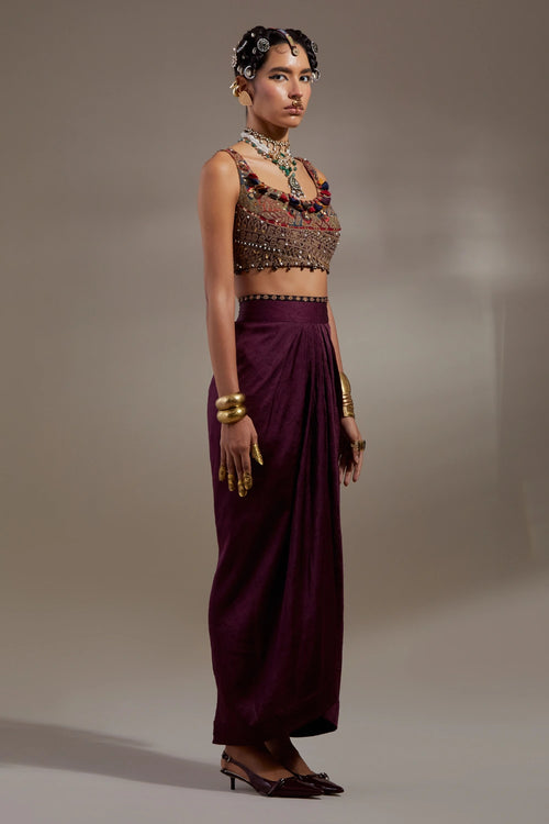 Jamuni Anka Blouse And Drapped Skirt With Veni Dupatta Jacket Set