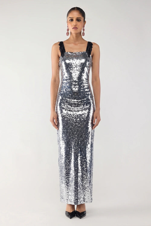 Silver Beaded Straped Gown
