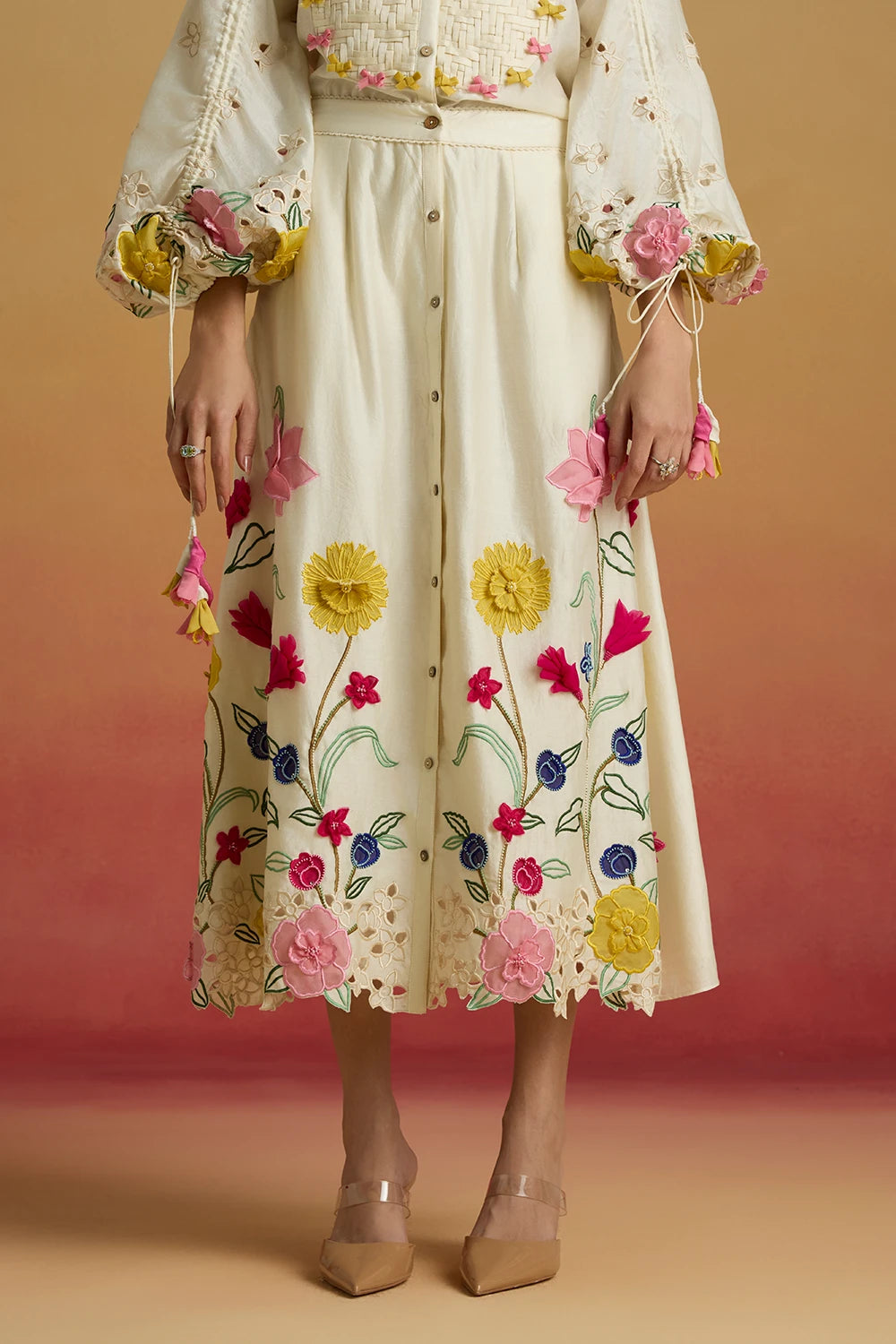 Ivory 3D Floral Applique Shirt with Amaryllis Skirt