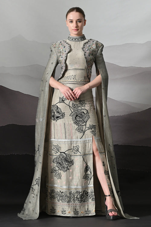Grey Gown With Hand-Embroidered Linear Detail