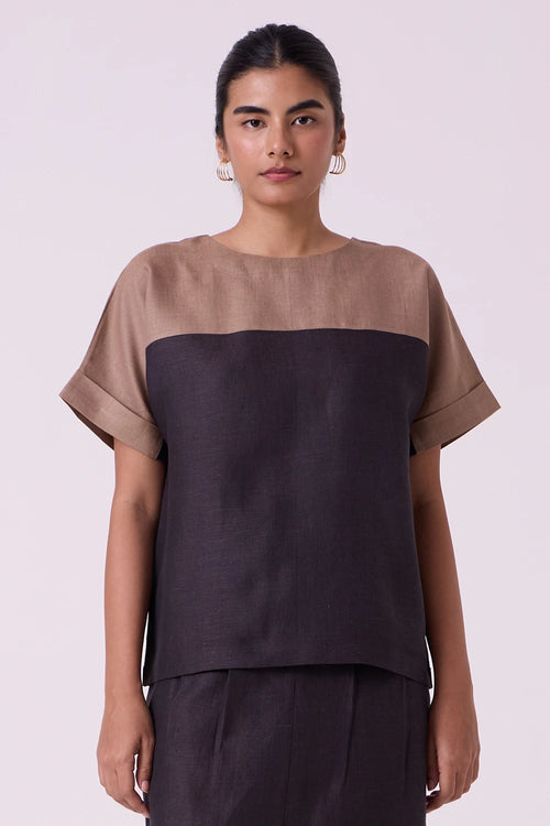 Jiku Charcoal Colourblocked Linen Top