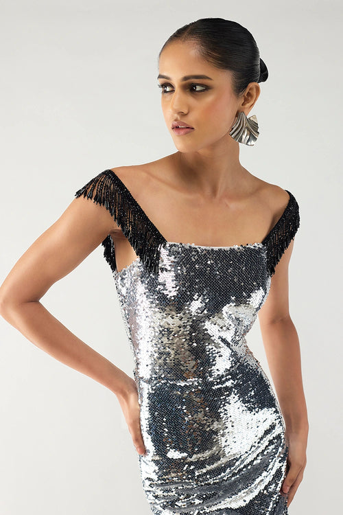 Silver Beaded Straped Gown
