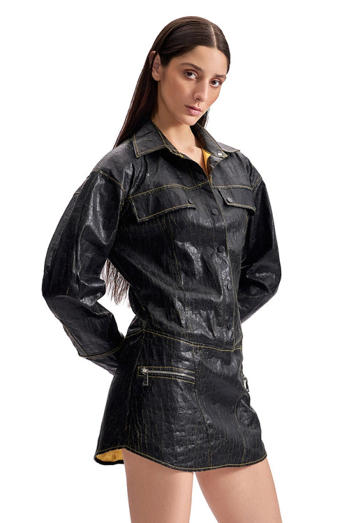 Cracked Leather Utility Shirt Dress